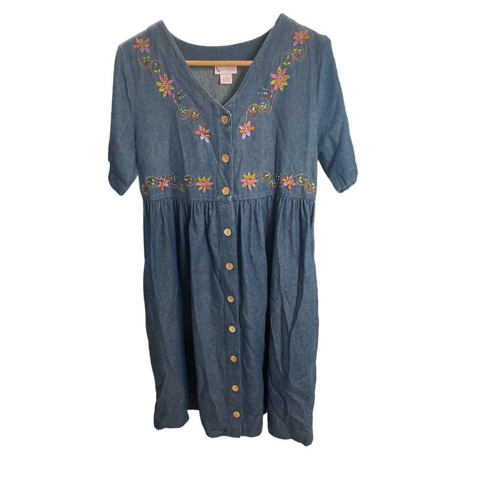 Go Softly Patio Blue Denim Half Sleeve Button Down Embroidered Dress SZ Small